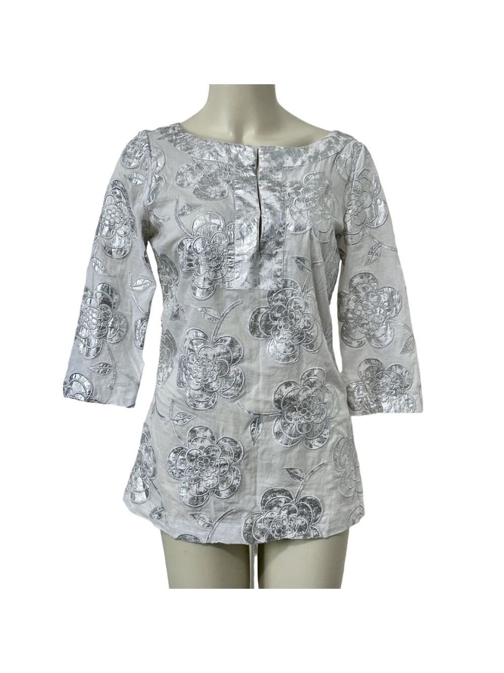 Tory Burch White Silver Metallic Floral Cotton Blouse Size 8